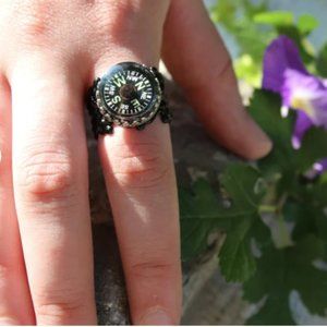 Glow in Dark Crowned Compass Ring on Sturdy Adjustable Filigree! Really Works!